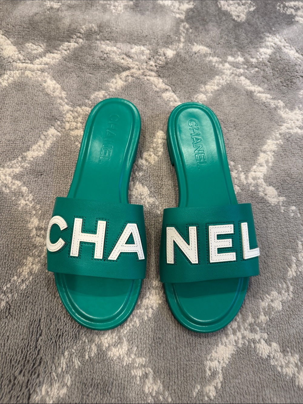 Authentic CHANEL green Slide Sandals with White Logo
